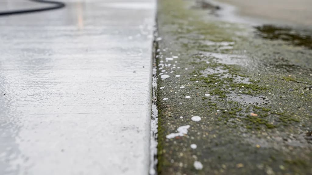 Concrete driveway being cleaned in even overlapping passes leaving a sharp line between the clean and dirty halves