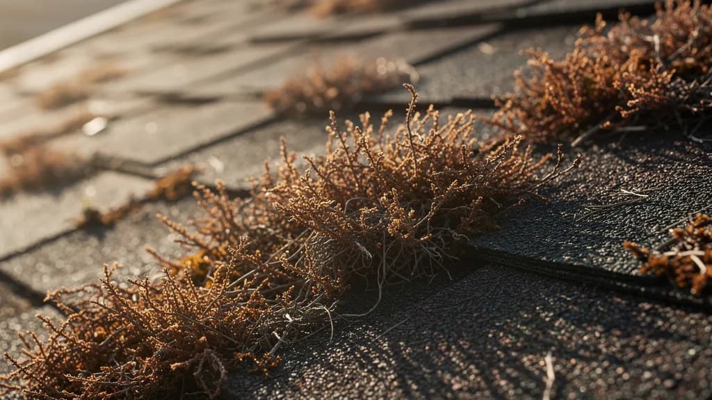 Dried brown moss clinging to the shingle courses of a residential asphalt roof in late summer
