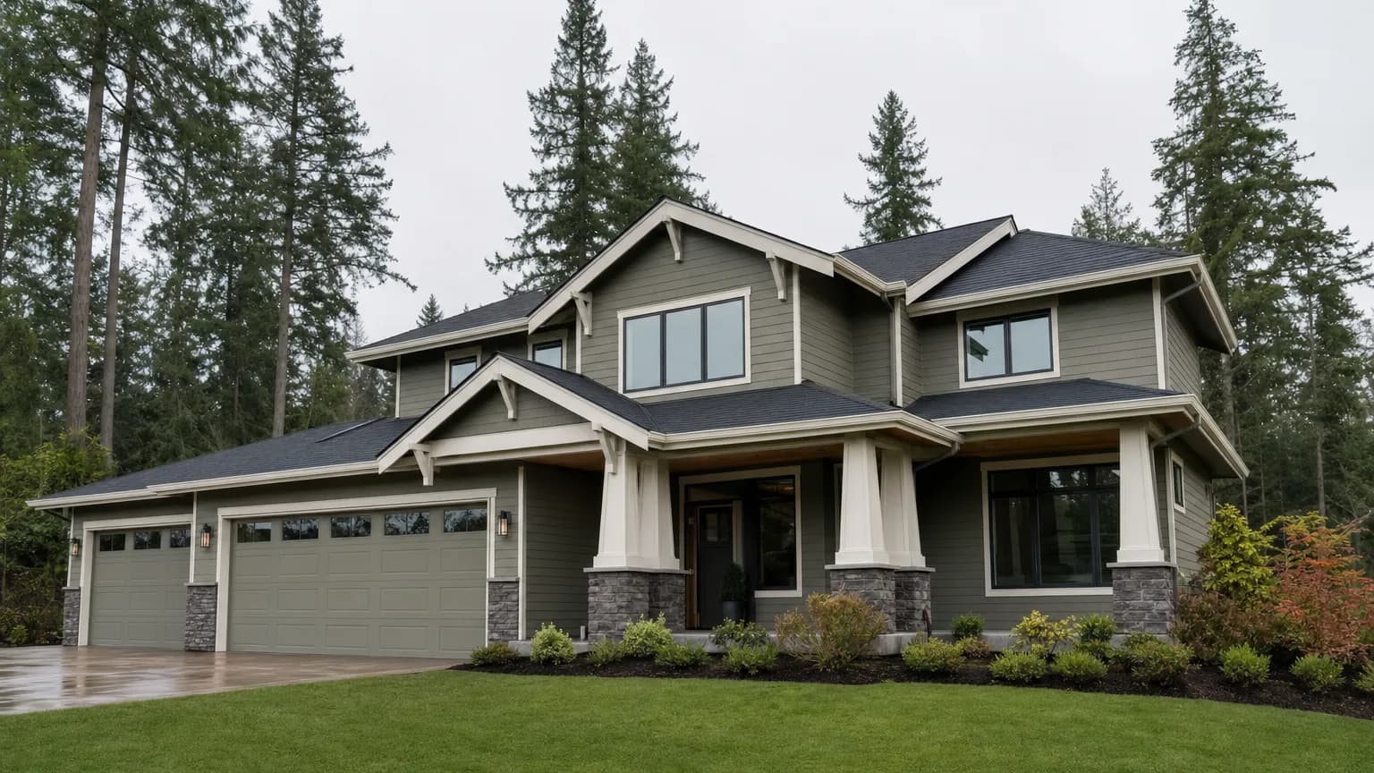 Two story home with light siding and a clean gutter line, tall evergreens along the property edge under a bright overcast sky