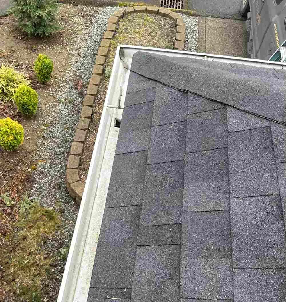 Clean gutter running along the edge of a residential roof, looking down over the landscaping below